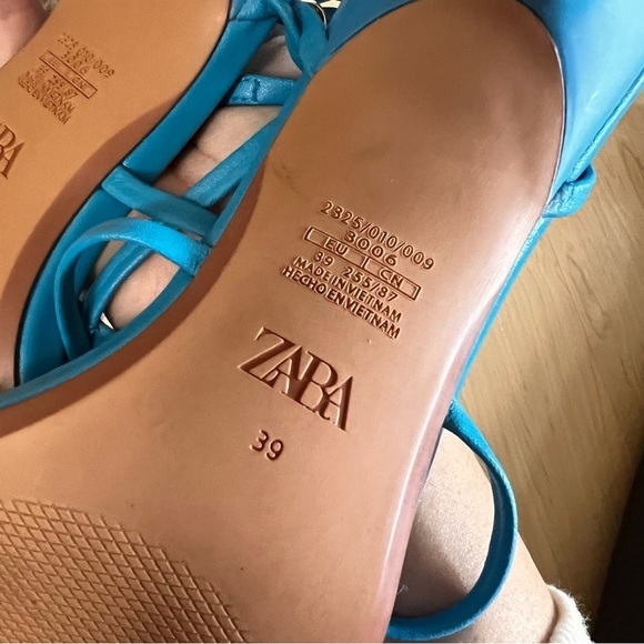 ZARA Blue Leather Strappy Square Toe Heeled‎ Size 39 US 8 - Picture 6 of 7